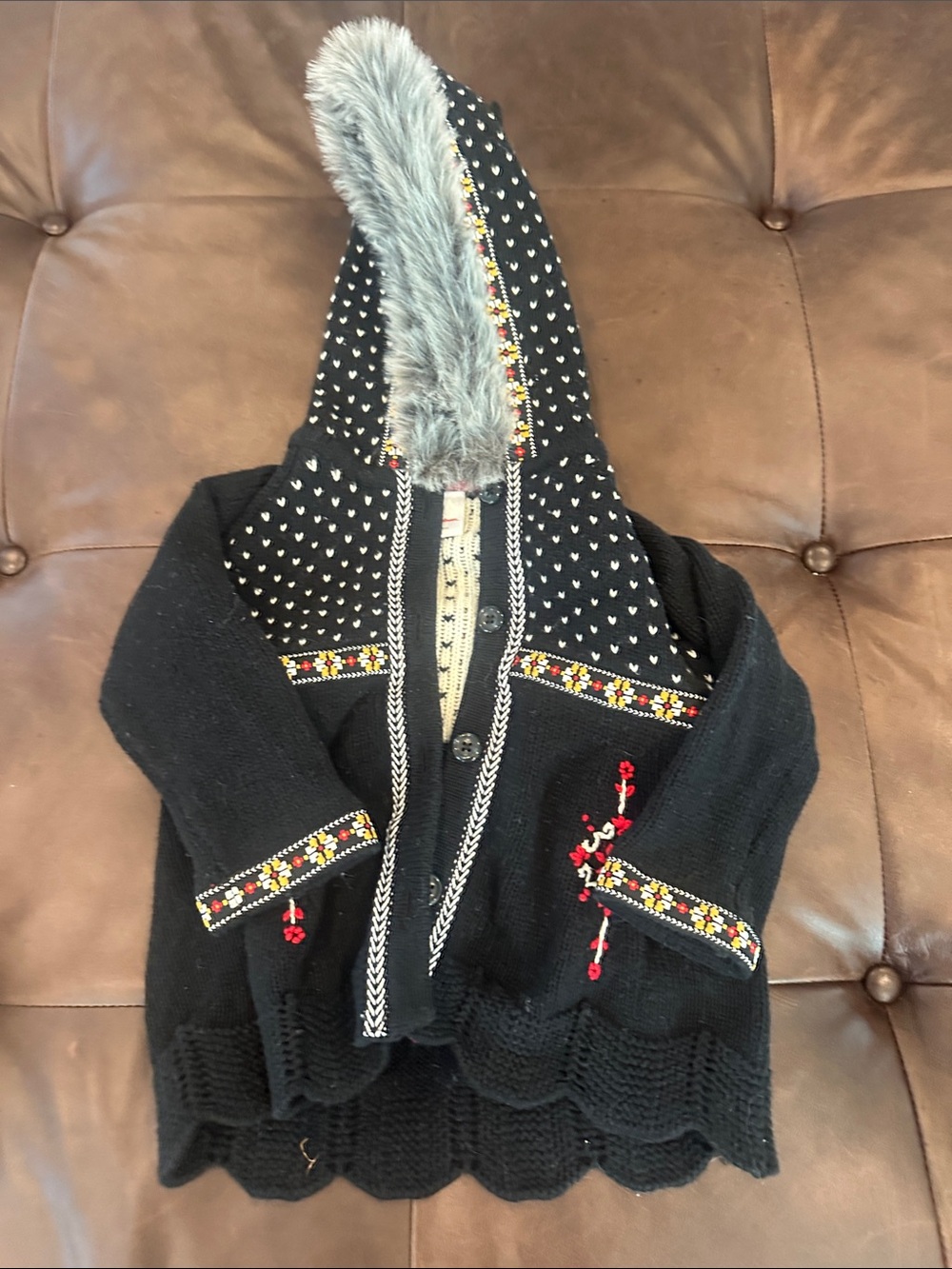 Hanna Andersson Black Hooded Knit Coat with Faux Fur Trim & Embroidered Accents